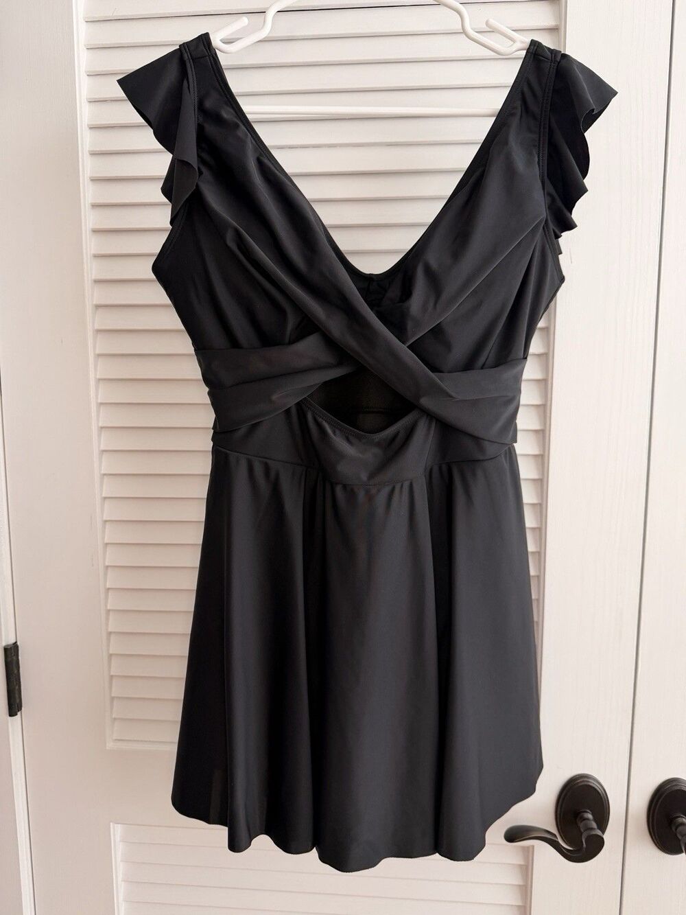 Women’s Black Swim Dress One Piece Swimsuit Ruffle Strap Tummy Control Size L